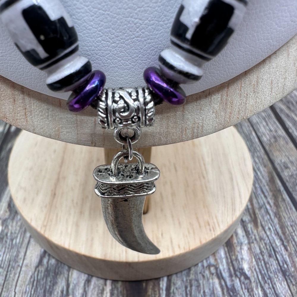 Handmade Boho Tusk Pendant Necklace Black White Purple Beads Suede Cord Vintage